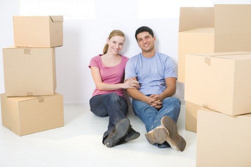 Packed business items ready for transport during an Aperfield relocation