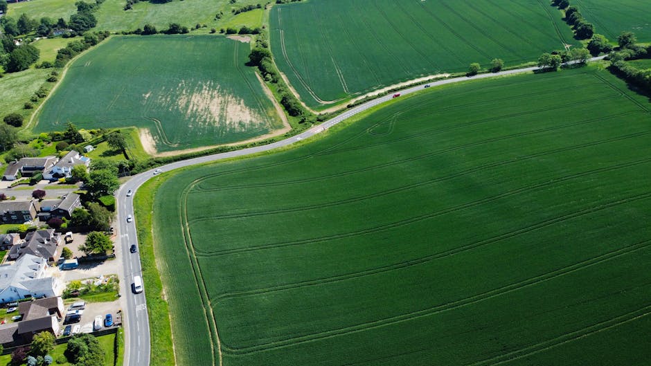 An aerial view of a rural area featuring green agricultural fields with visible crop lines, bordered by a winding road that curves around the fields and houses. In the lower left corner, there is a residential neighbourhood with multiple detached houses, driveways, and parked cars. The scene is illuminated by daylight with clear visibility. The image depicts the countryside around Aperfield, with some vehicles traveling on the road, and the surrounding landscape includes patches of trees and hedges. This setting demonstrates the spacious environment typical of house relocations from Aperfield to Biggin Hill, highlighting the logistics of transporting furniture and belongings through scenic rural routes, as managed by [COMPANY_NAME], a professional house removals service operating along these routes.